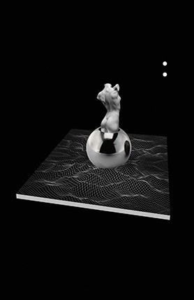 A black and white photo of a human body emerging from a shiny steel sphere that is put over a plate with waves on it.