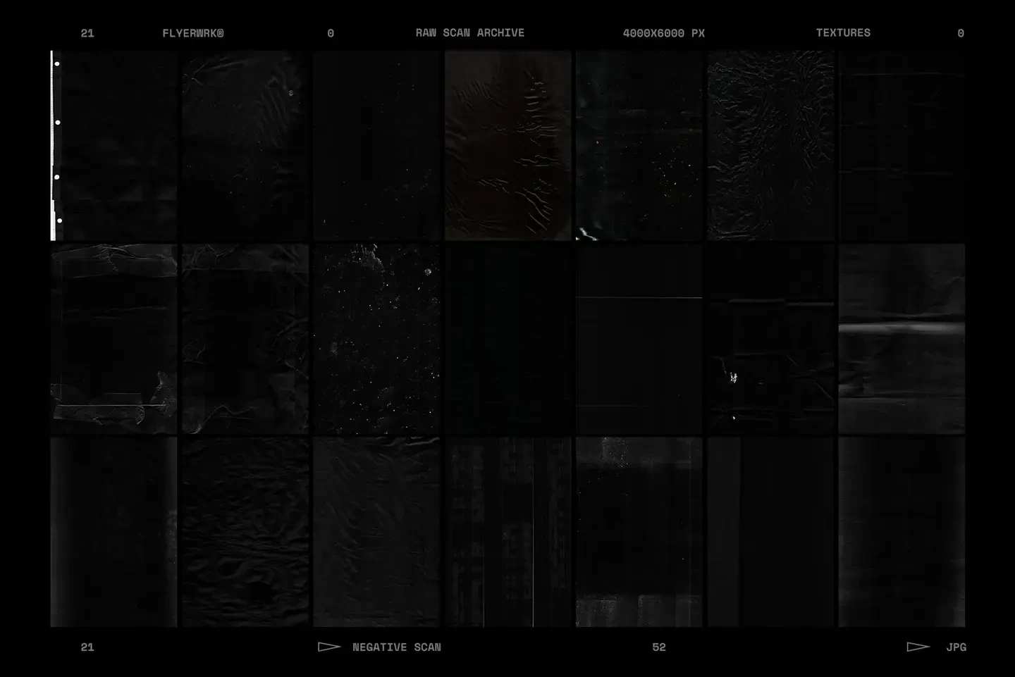 Selection of twentyone negative versions from the Raw Scan Archive showing dark grainy document scan textures