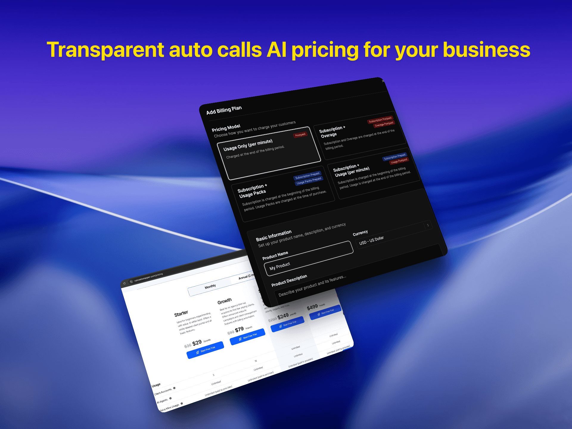 AI auto calls pricing plans showing billing modal with usage-based and subscription options, featuring Starter, Growth, and Enterprise tiers | VoiceAIWrapper