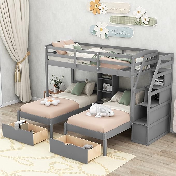 Built with premium materials, the triple bunk bed with stairs ensures lasting comfort and support.