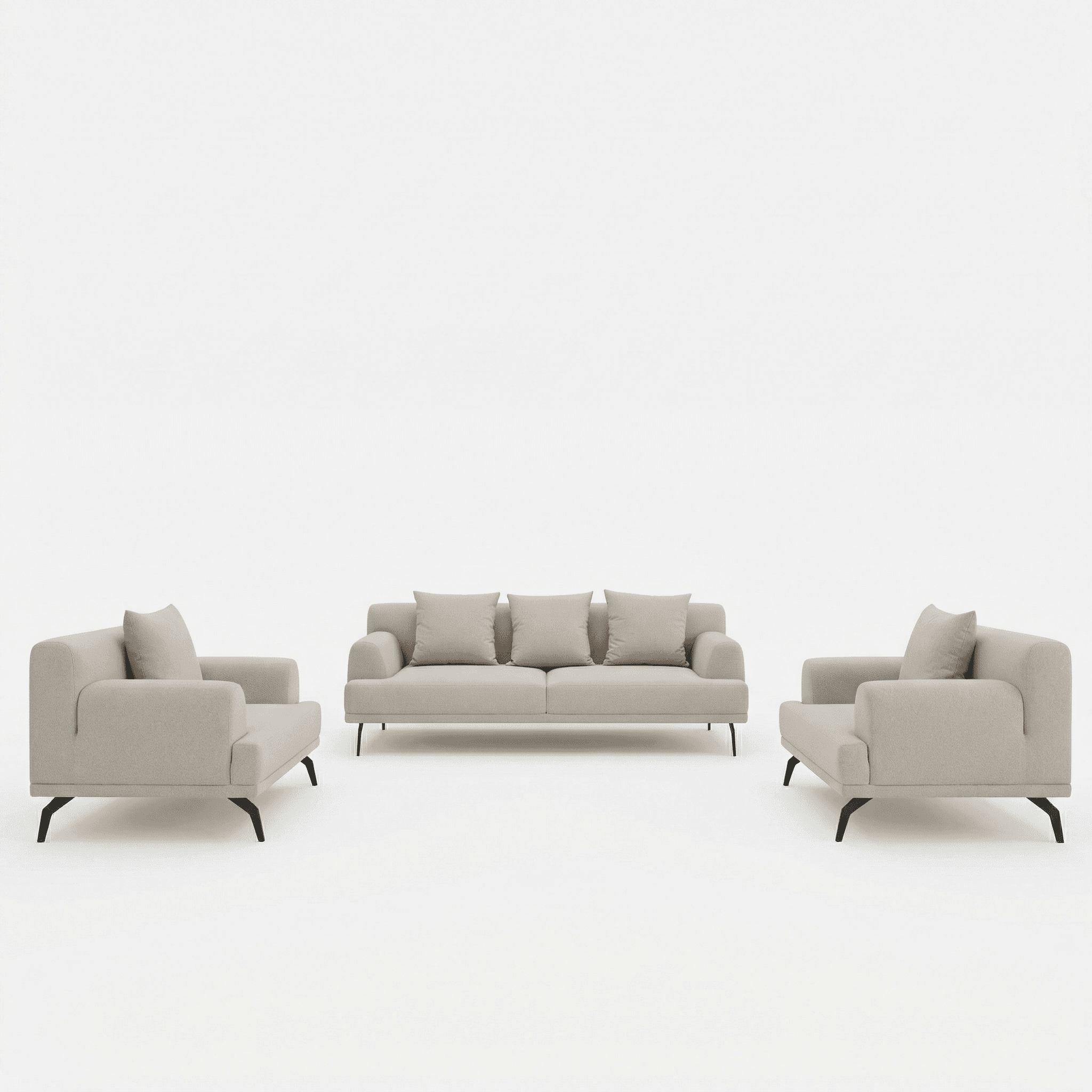 Three‑seater cream upholstered sofa with matching armchairs and slim black metal legs