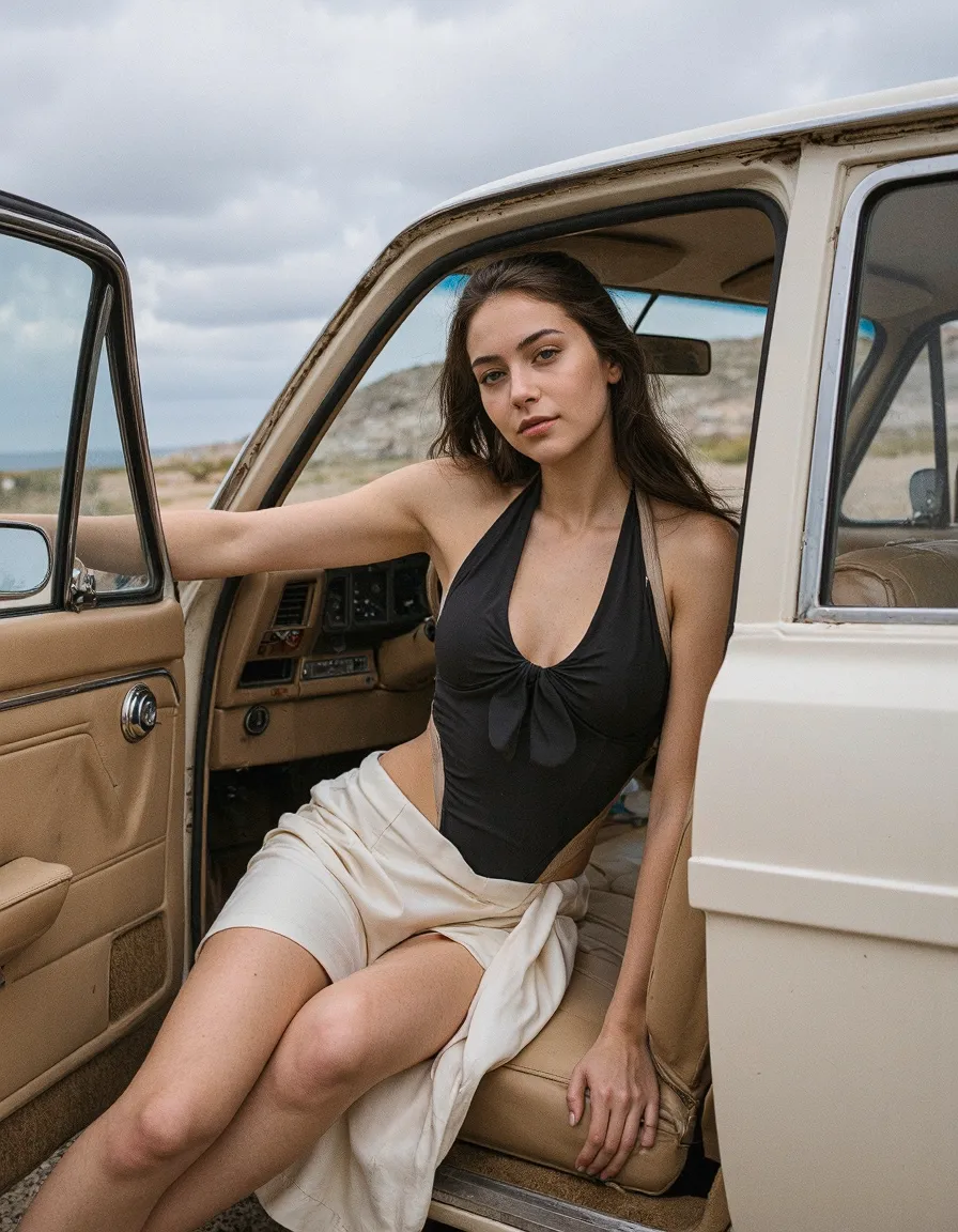 Woman in black swimsuit and beige shorts posing in vintage car doorway for editorial fashion portrait