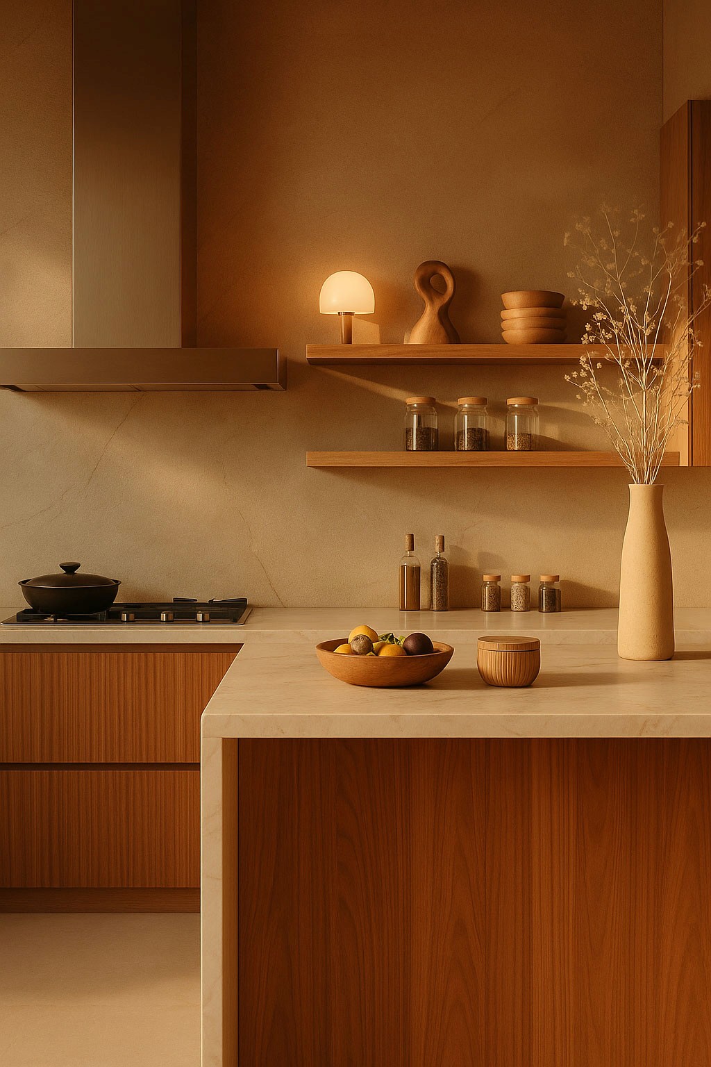 Warm wood kitchen with open shelves, spice jars, countertop decor, and a bowl of fruit.