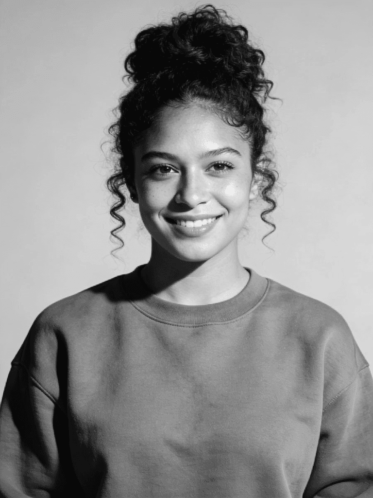 A young woman with curly hair in a bun, wearing a blue sweatshirt, smiles warmly against a neutral gray background.