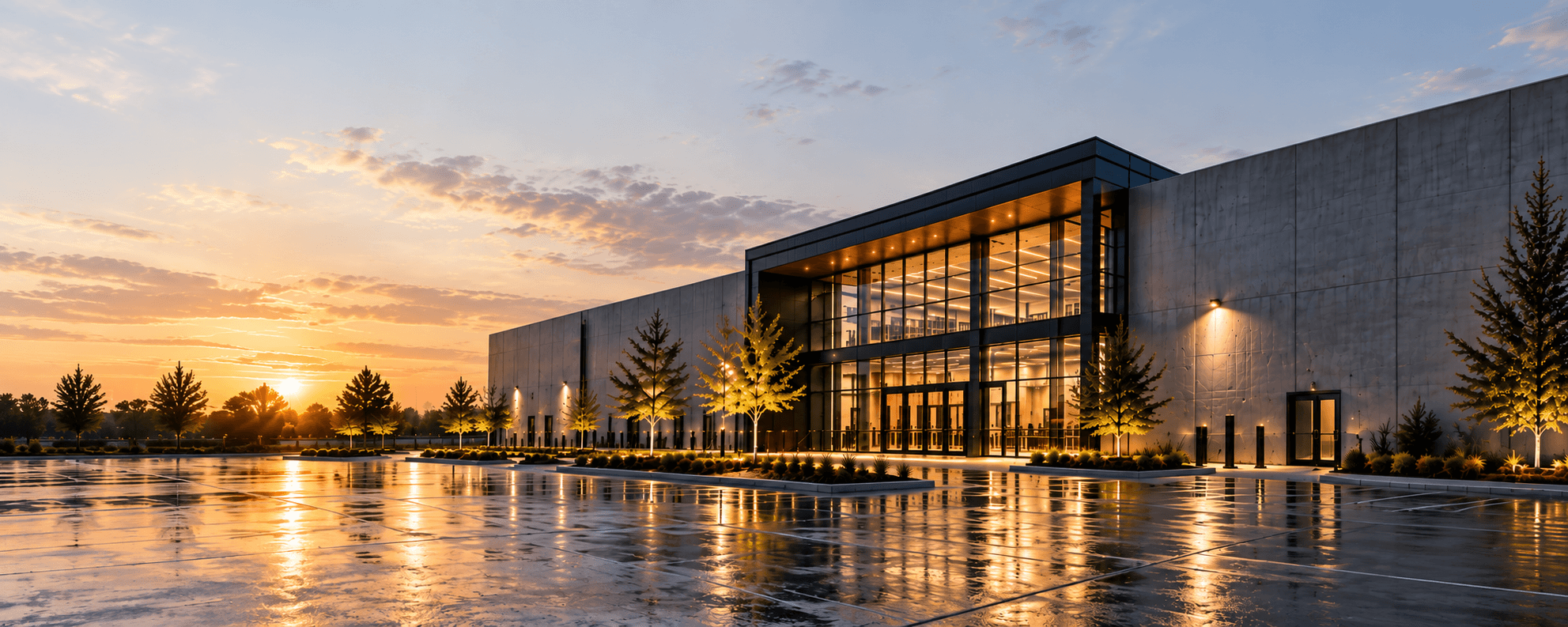 Illustrative completed commercial facility with warm interior illumination; not a verified KEYCO project example.