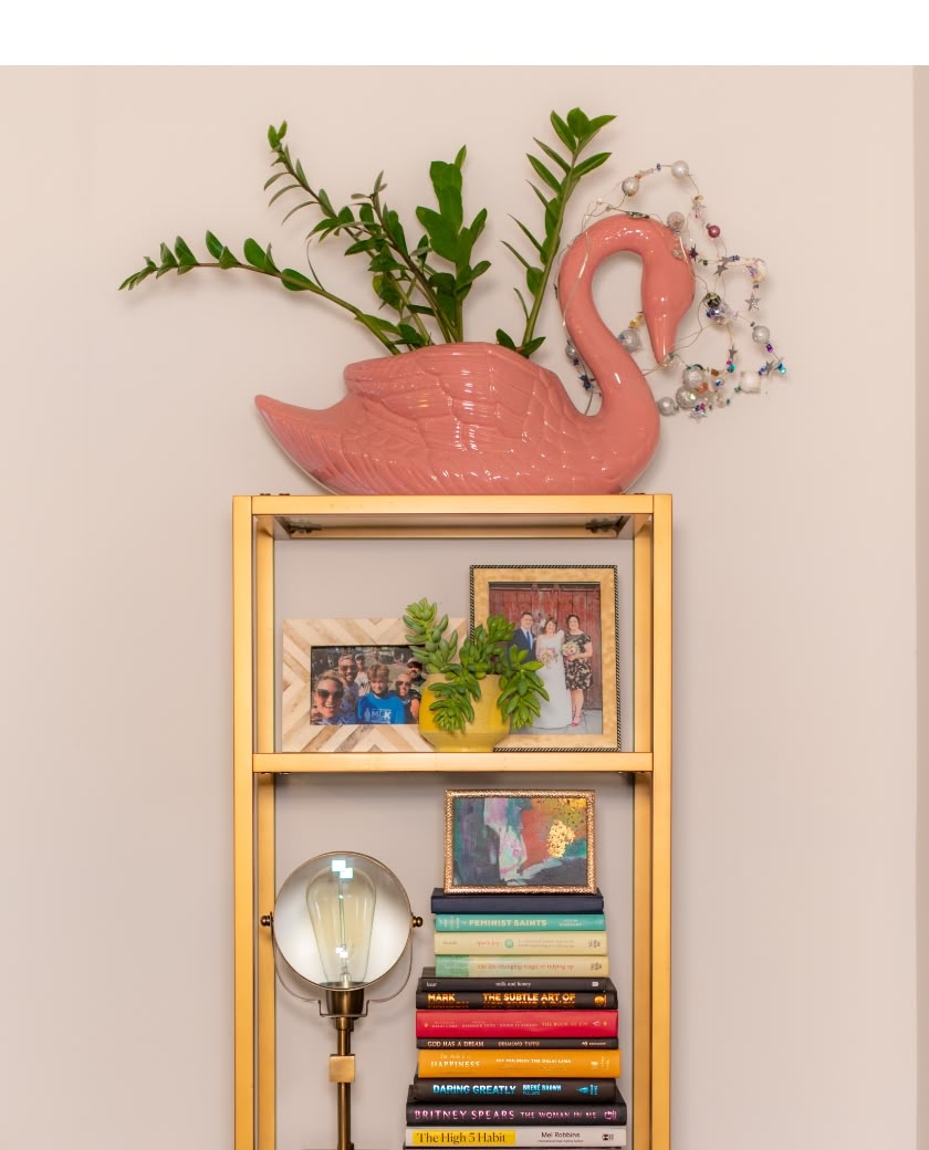 gold bookcase with light and books and pink swan