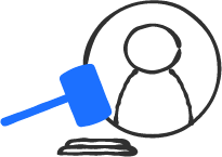 Ícone de martelo da justiça ao lado de uma pessoa representando a democratização do acesso à justiça para vítimas de golpes digitais.