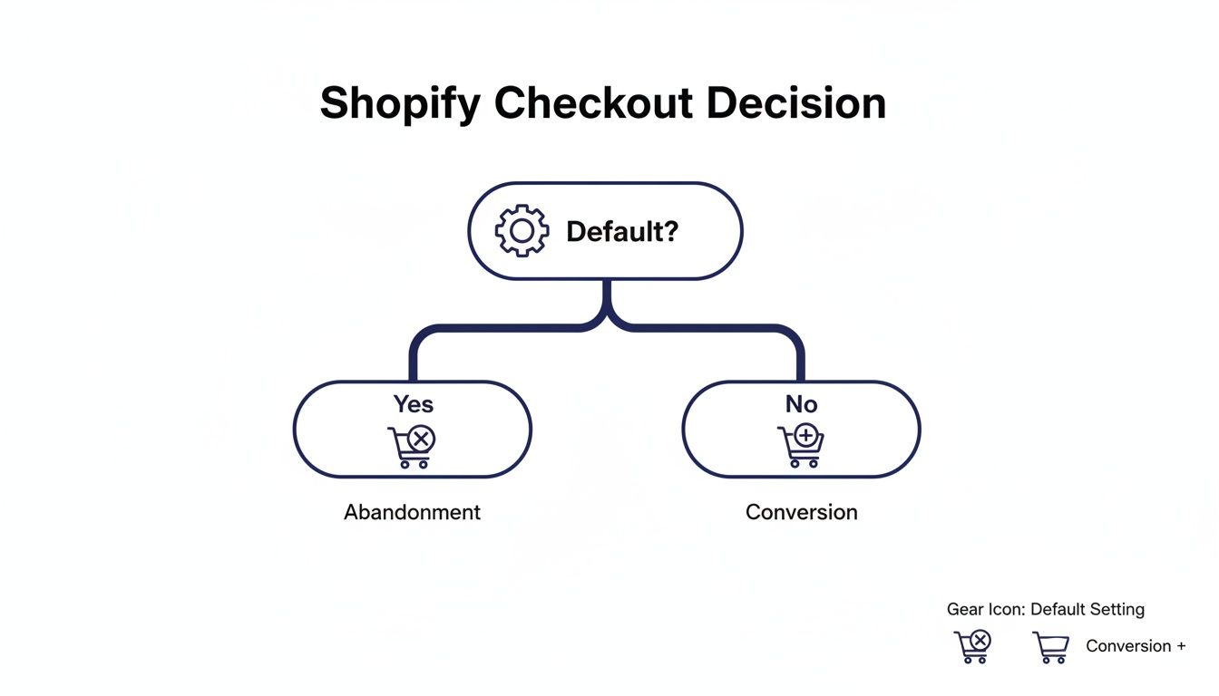 Flowchart illustrating a Shopify checkout decision tree, showing 'Default?' leading to abandonment or conversion.