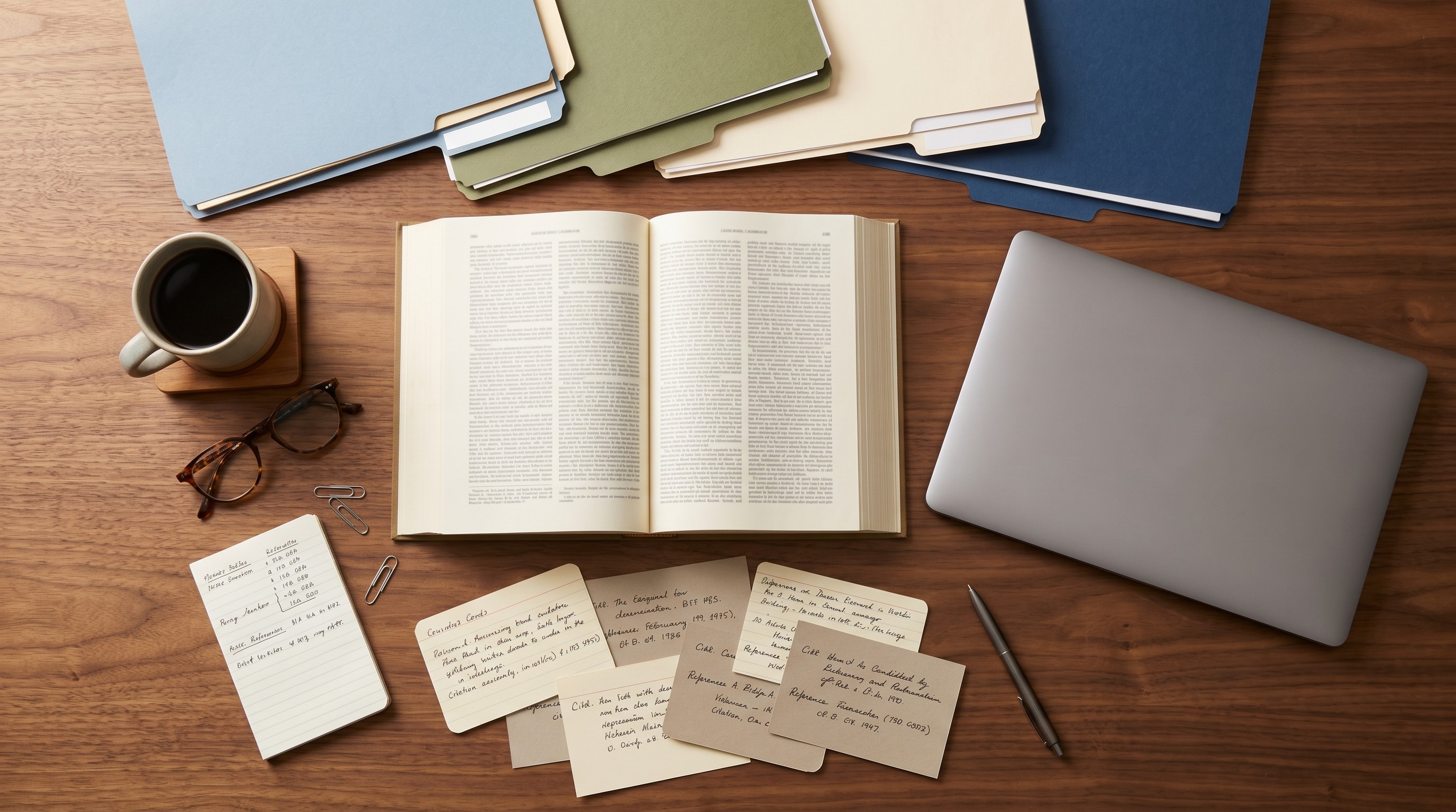 Law library table with casebook and citation cards