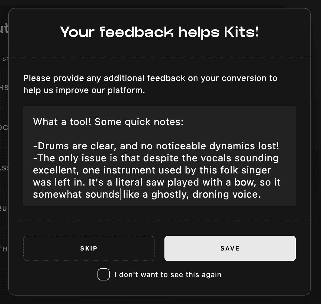 Populated feedback form of the Kits AI stem splitter