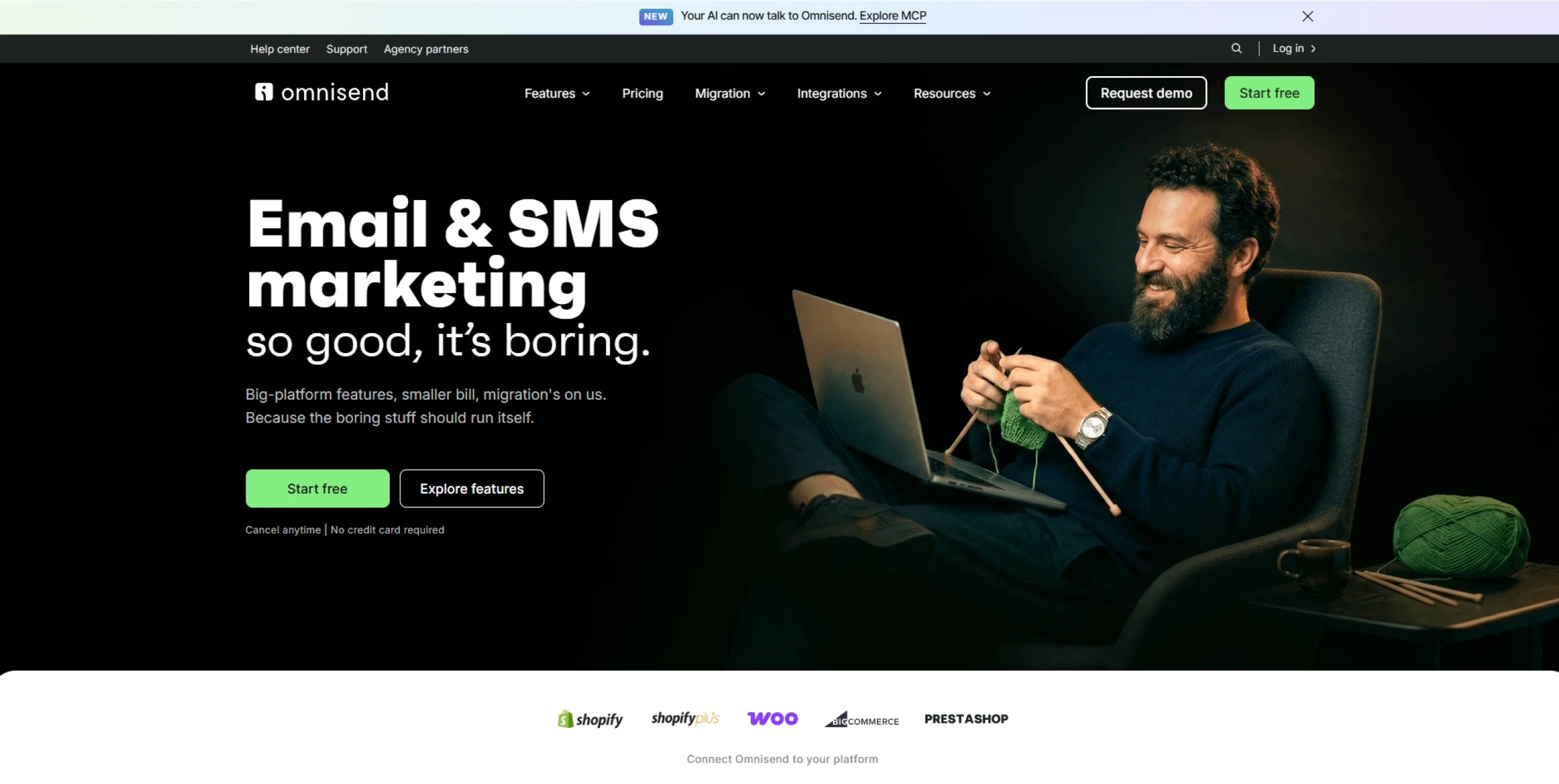Omnisend website hero section featuring the headline “Email & SMS marketing so good, it’s boring”