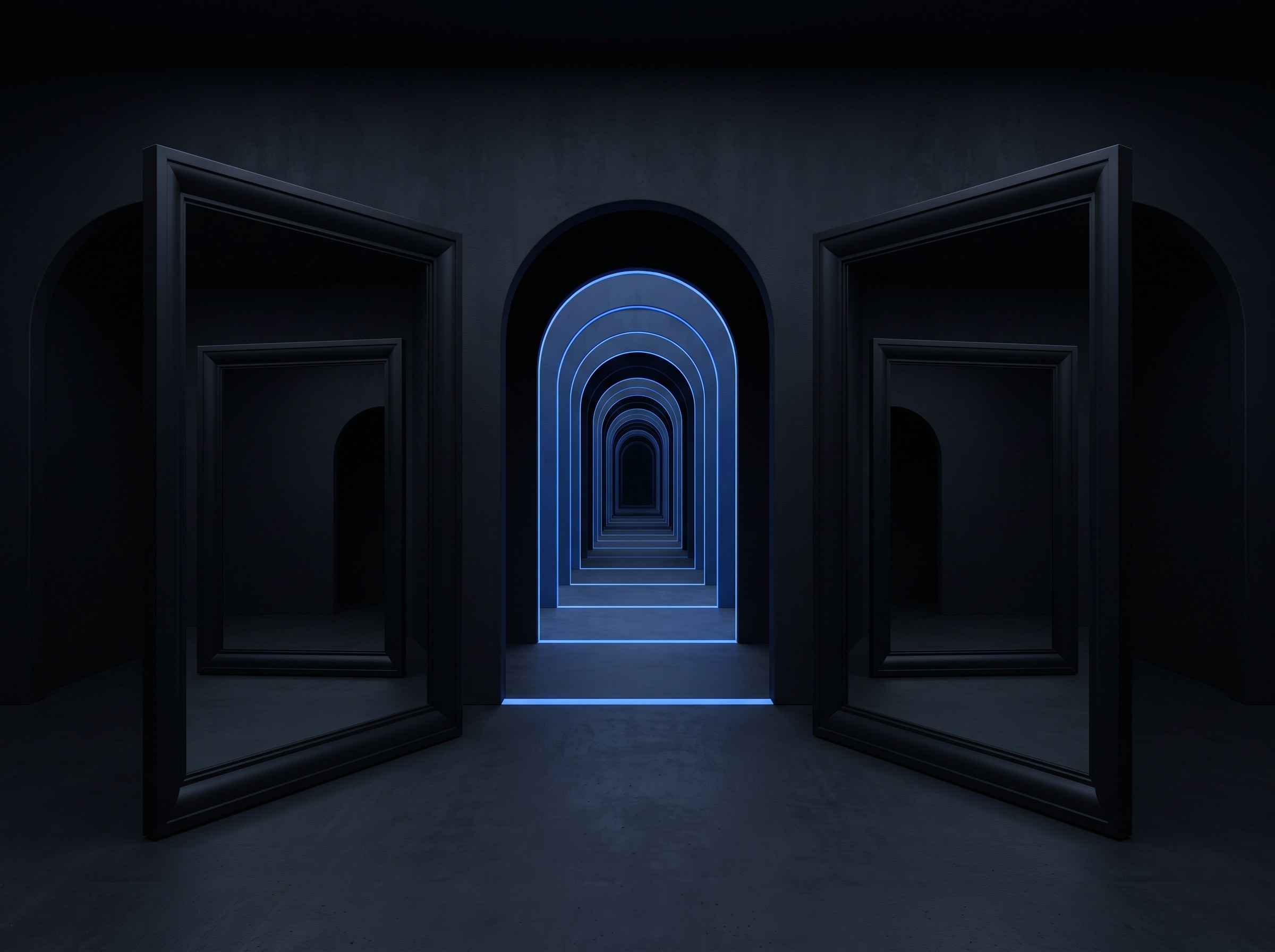 Facing mirrors forming an endless corridor of arches, blue light repeating inside