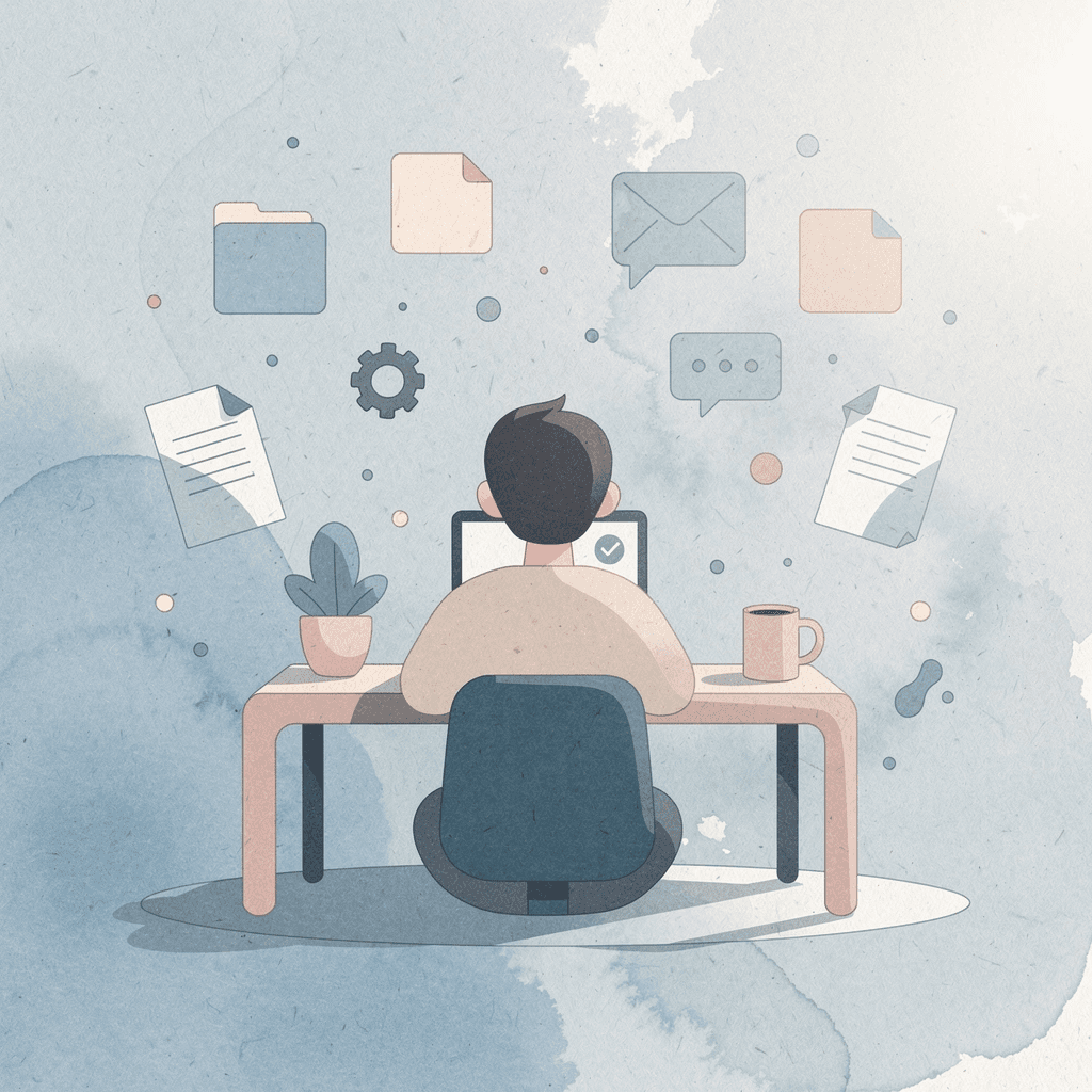 Illustration of a person working from home at a well-equipped desk with floating product icons