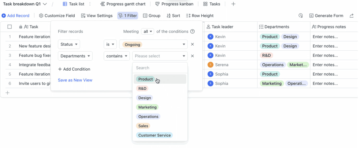 How to set custom filters in Lark Base