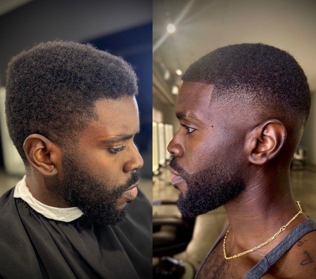 Overgrown to sharp drop fade haircut transformation showcasing a sharp fade with beard grooming and sophisticated style for men by barber Courtney Palmore.
