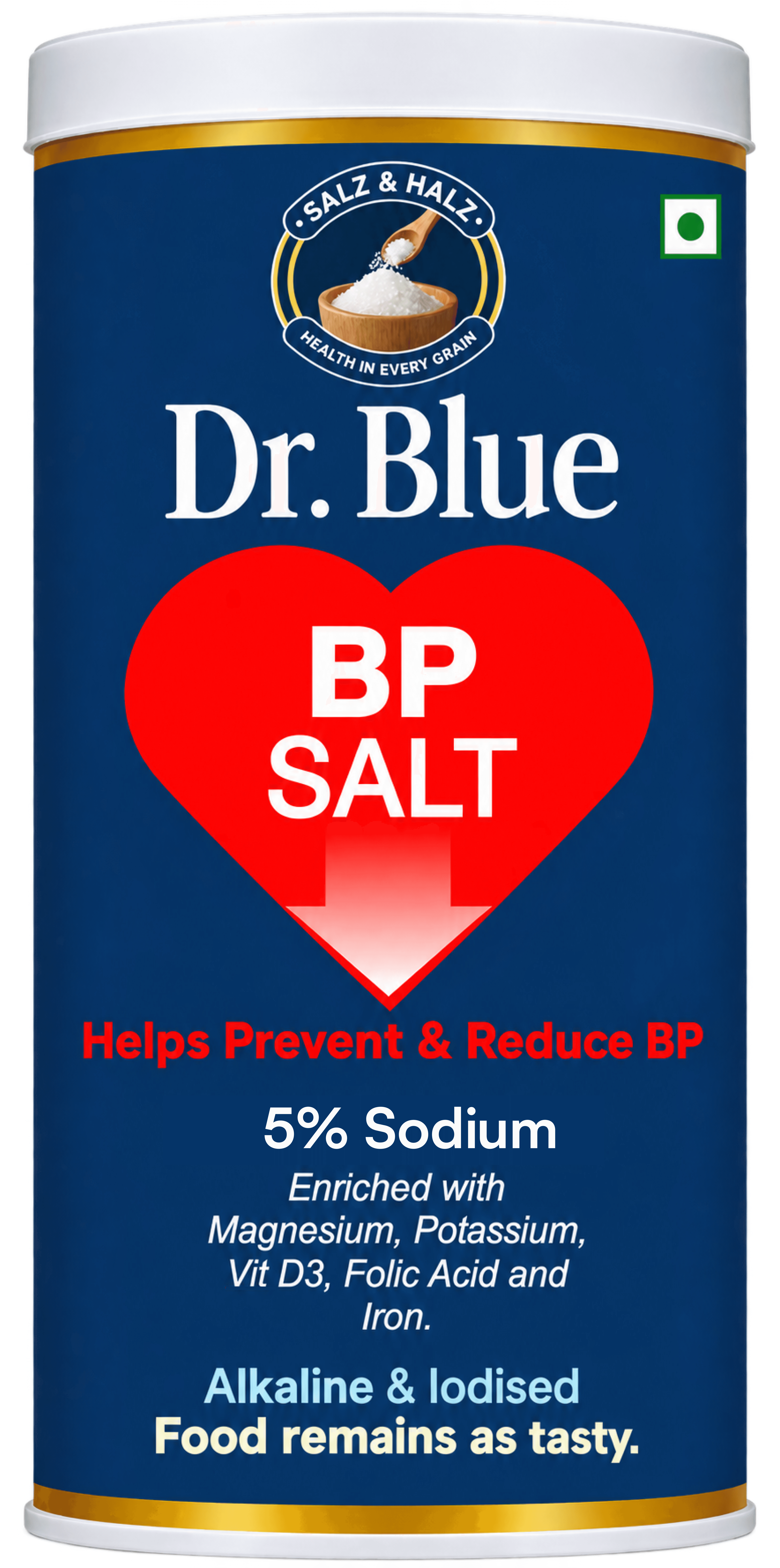 Dr Blue BP salt product packaging