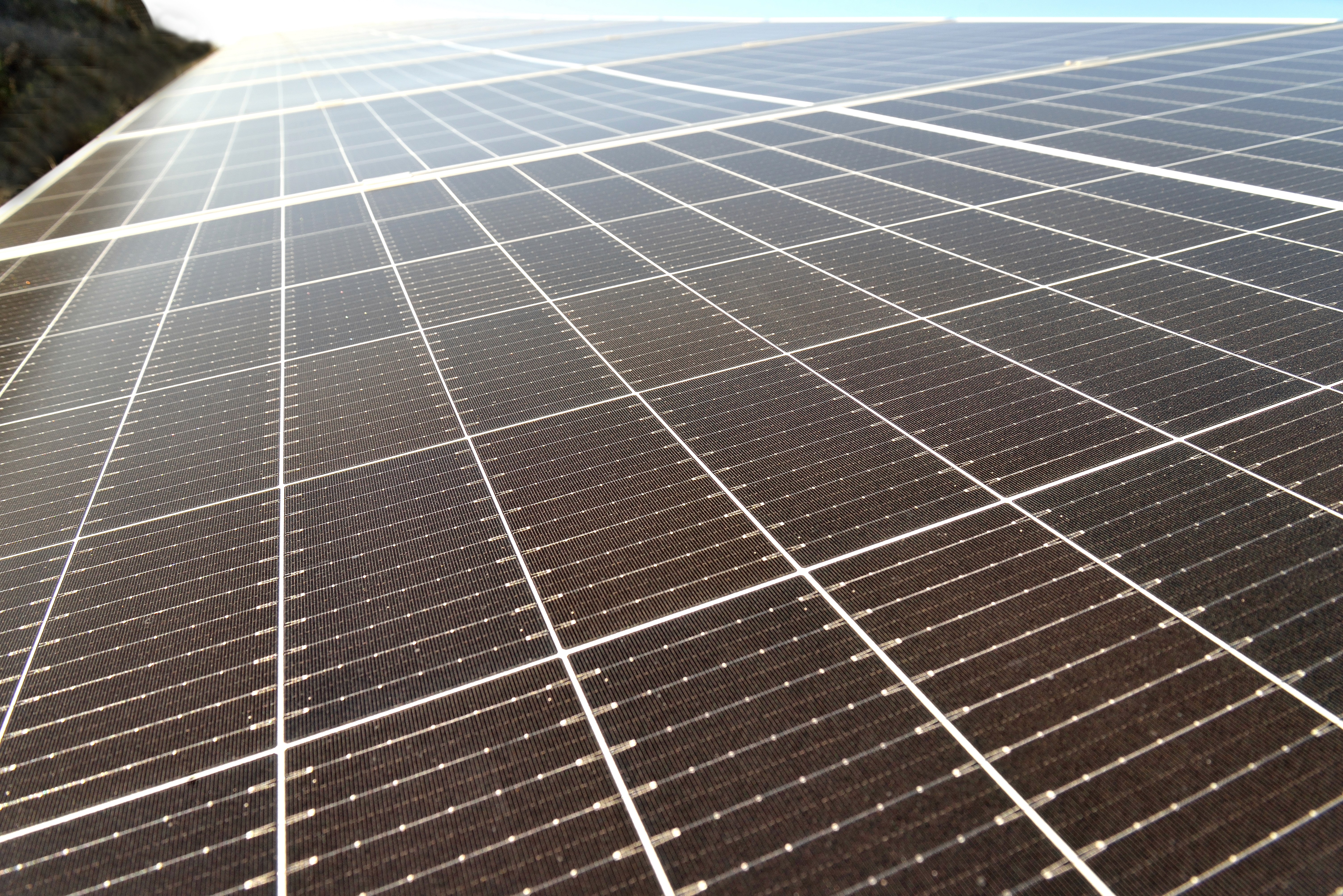 Close-up of photovoltaic solar panel surface detailing solar cells and conductive grid lines