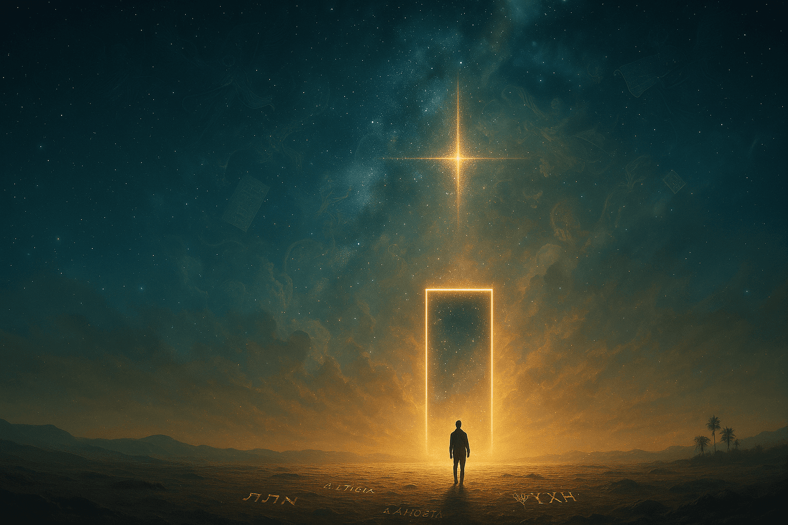 A solitary figure standing in a vast landscape illuminated by warm light, symbolising faith, hope, and the search for Jesus.