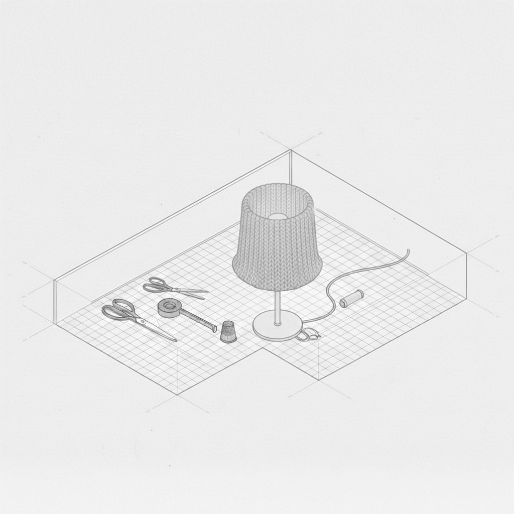 A technical drawing of the completed lamp featuring the knitted shade assembled onto its base, shown with finishing tools like scissors, measuring tape, and thread on the gridded workspace.