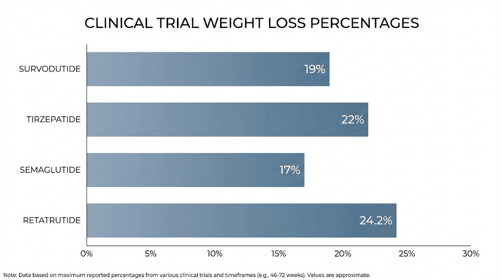 Clinical trial weight loss comparison chart survodutide vs tirzepatide vs semaglutide vs retatrutide