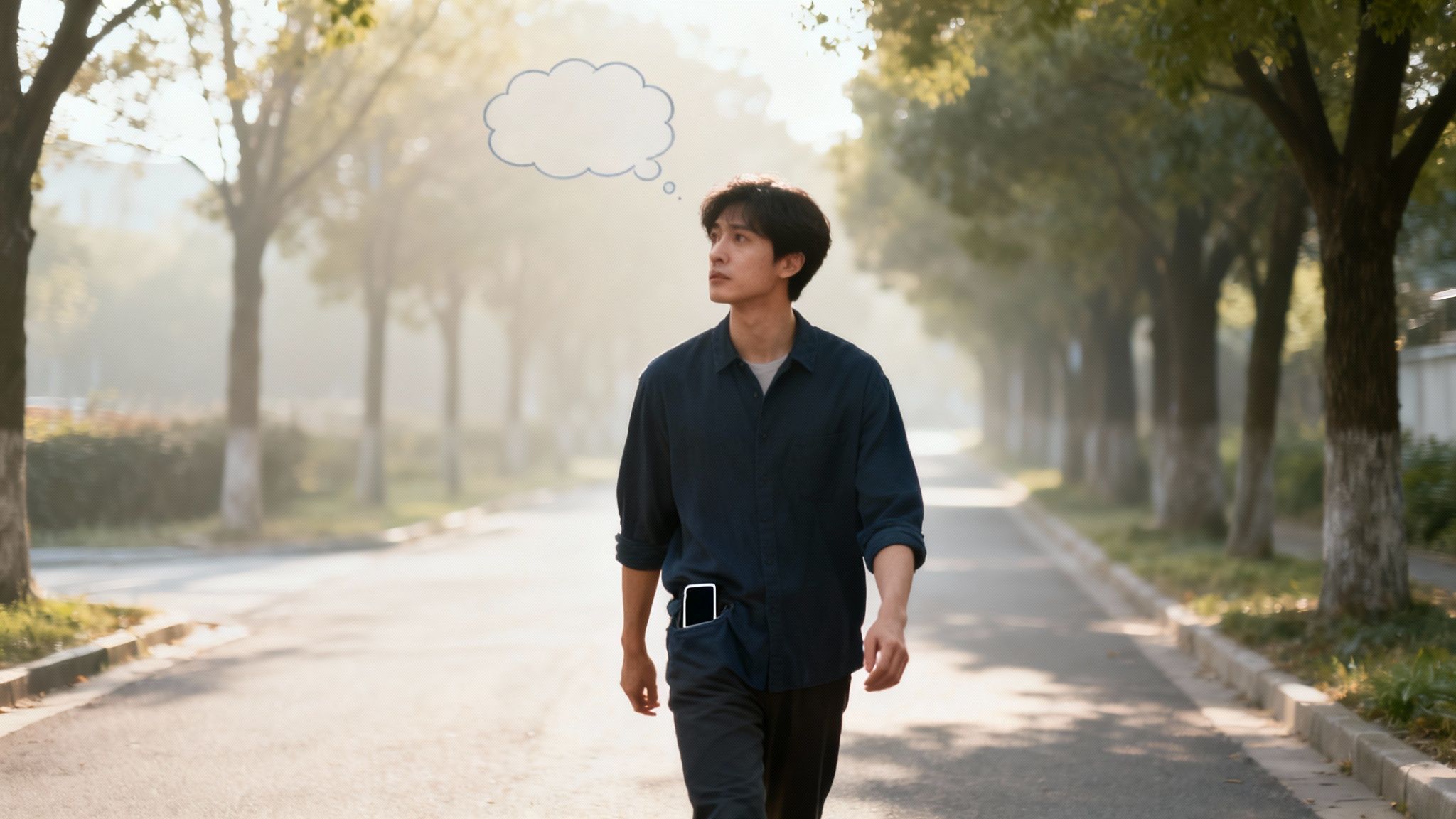 A young man walks on a hazy, tree-lined street with a thought bubble above his head.