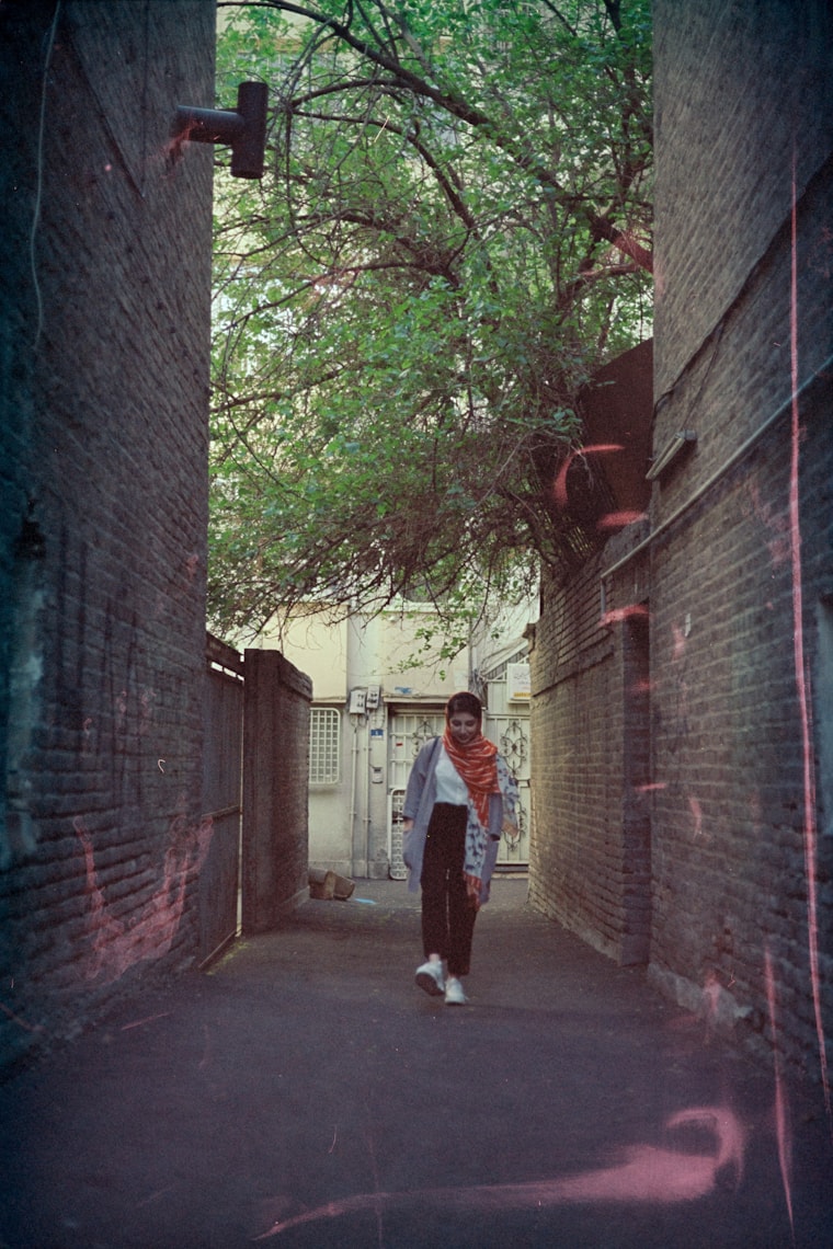 A figure in an alley under a tree