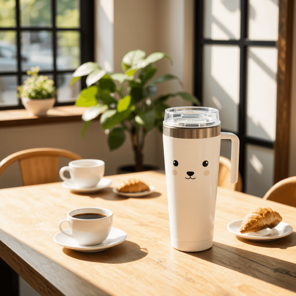 product photography of a travel mug with a cute animal design, used for beverages