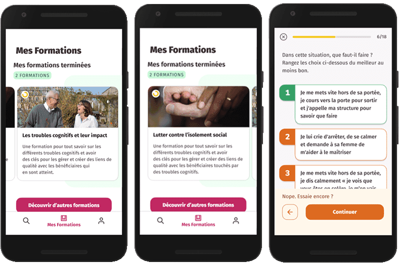 Trois écrans de l'application Compani : formations terminées, et un exercice de mise en situation à classer du meilleur au moins bon