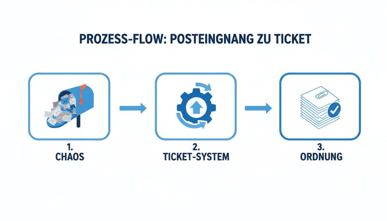 Ein Prozessflussbild zeigt die Transformation von chaotischem Posteingang zu organisiertem Ticketing-System für eine effiziente Hausverwaltung.