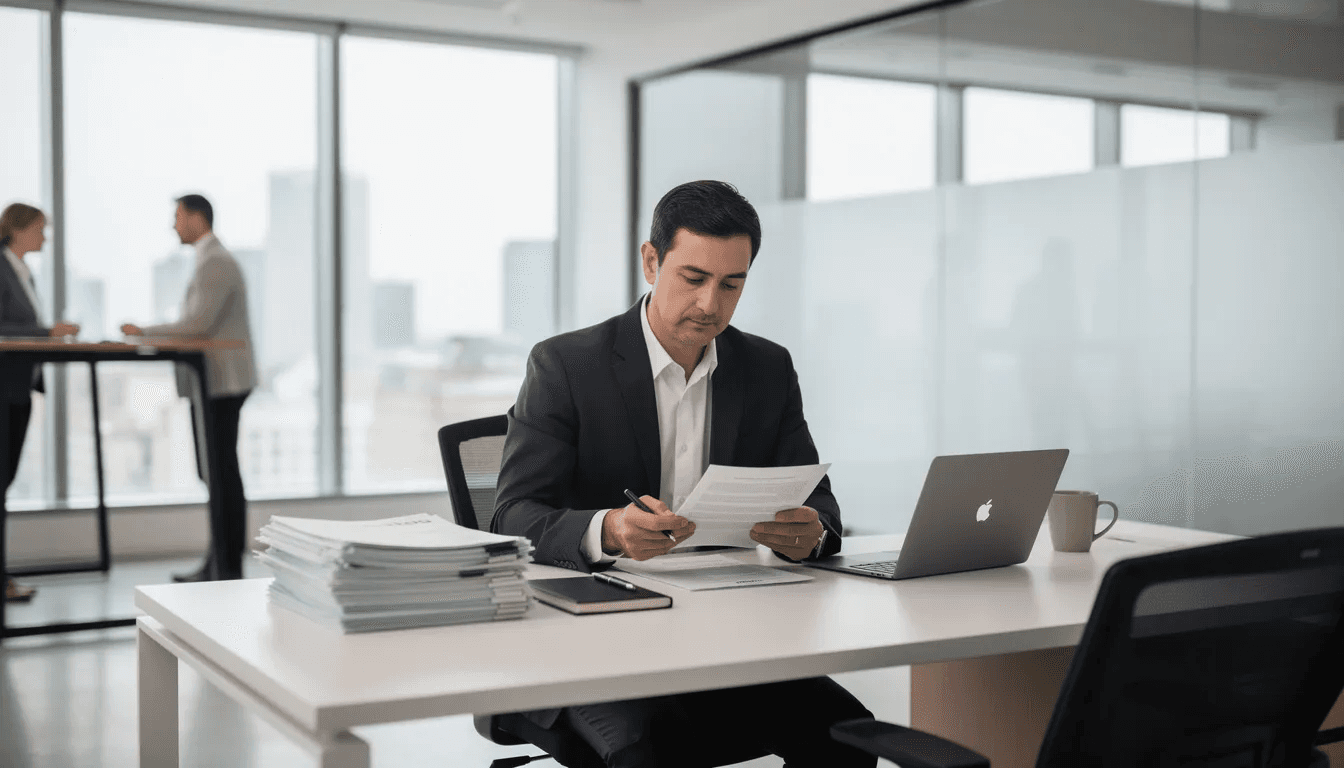 A professional is seated at a sleek desk in a modern office, reviewing paperwork with a focused expression. The documents likely pertain to tax implications related to trust assets, including considerations for income tax purposes and estate planning.