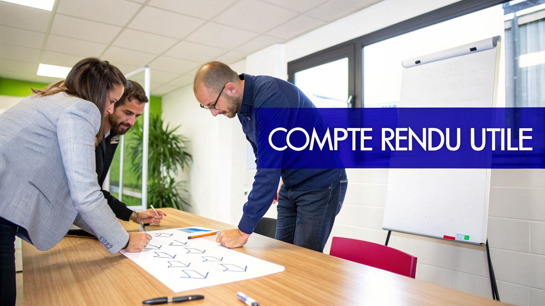 Trois collègues collaborent autour d'une table, planifiant un projet avec des schémas et un compte rendu utile.