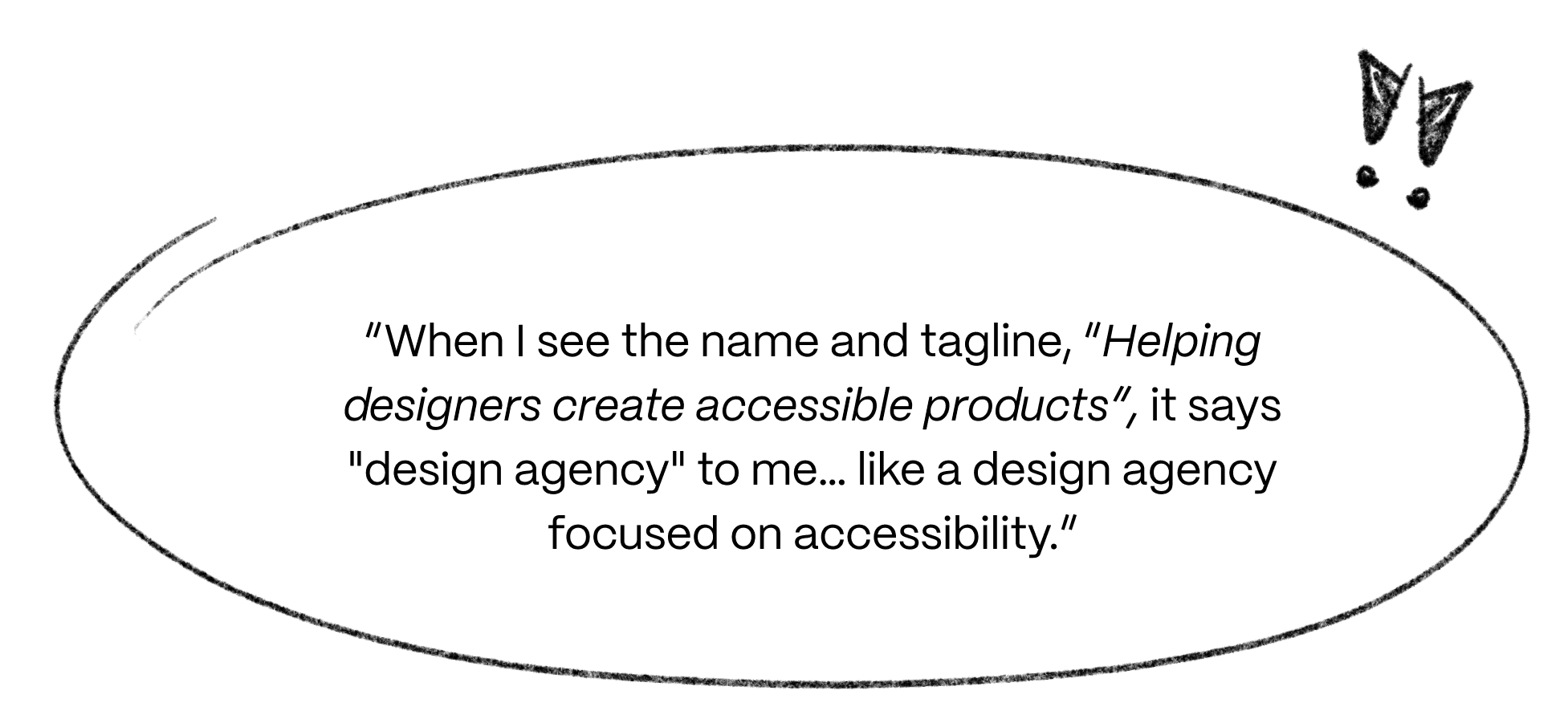 A quote from a participant that reads, "“When I see the name and tagline, “Helping designers create accessible products”, it says "design agency" to me… like a design agency focused on accessibility.” The quote is circled in pencil, with two exclamation marks beside it.