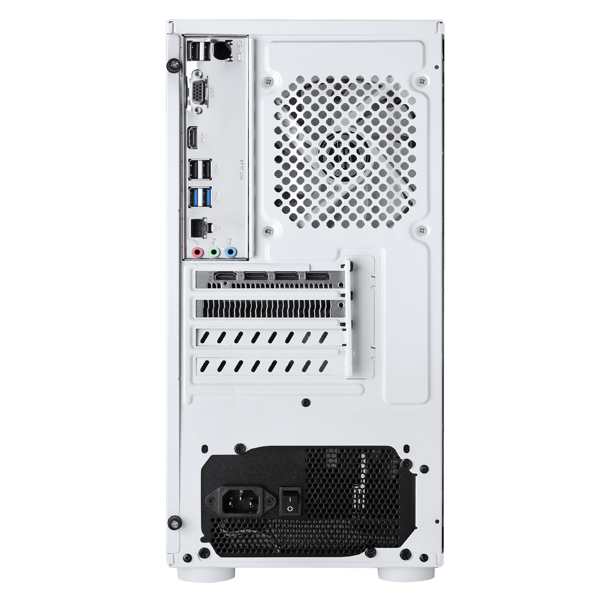 Back view of a white gaming PC case, highlighting its I/O ports, cooling fan, and modular design. This PC is perfect for those looking to build the best gaming computer in 2023, with advanced connectivity options and airflow systems ideal for high-performance gaming setups.