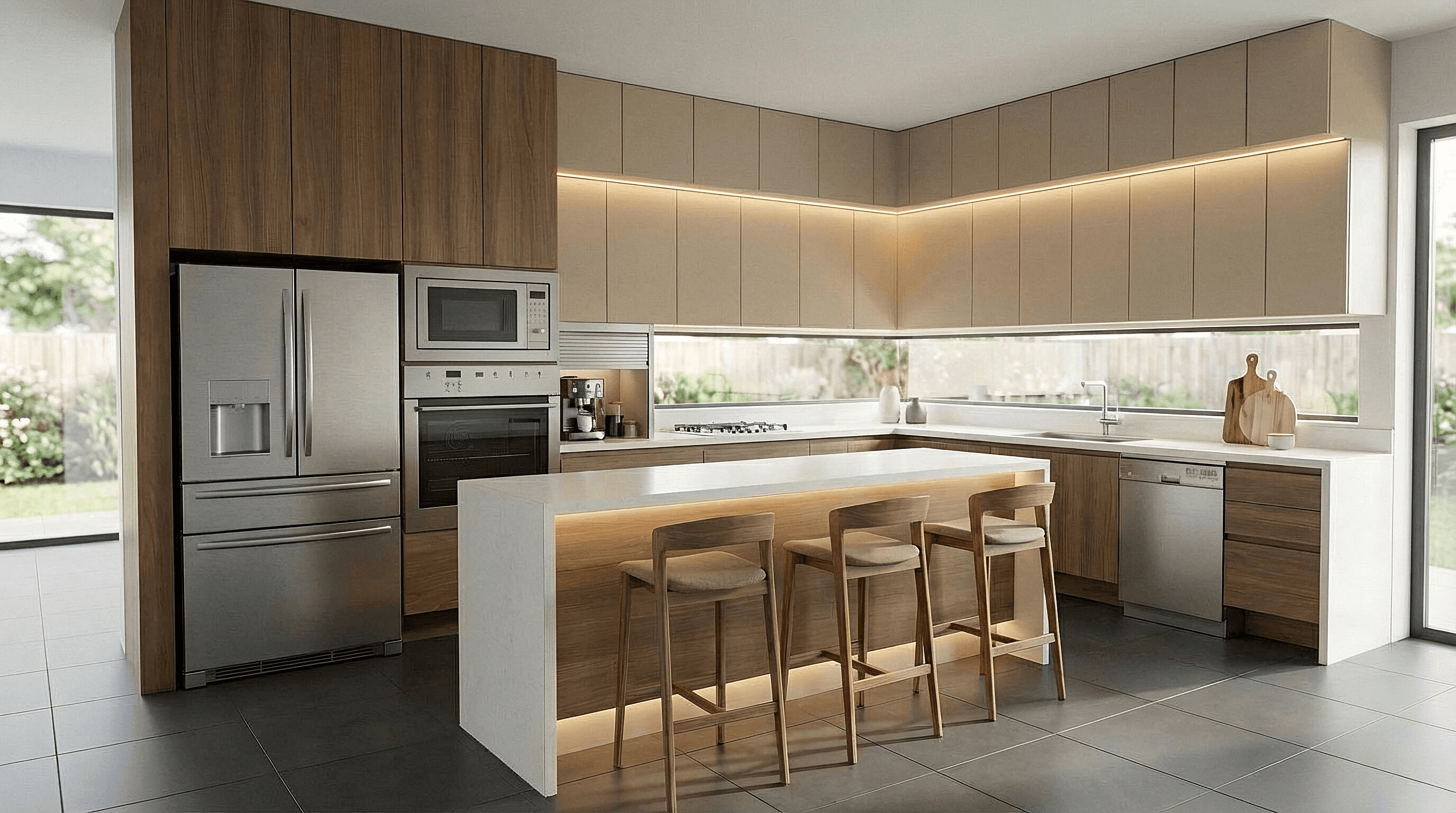 Modern indoor space with large glass doors, lush greenery, and a cozy seating area visible beyond.