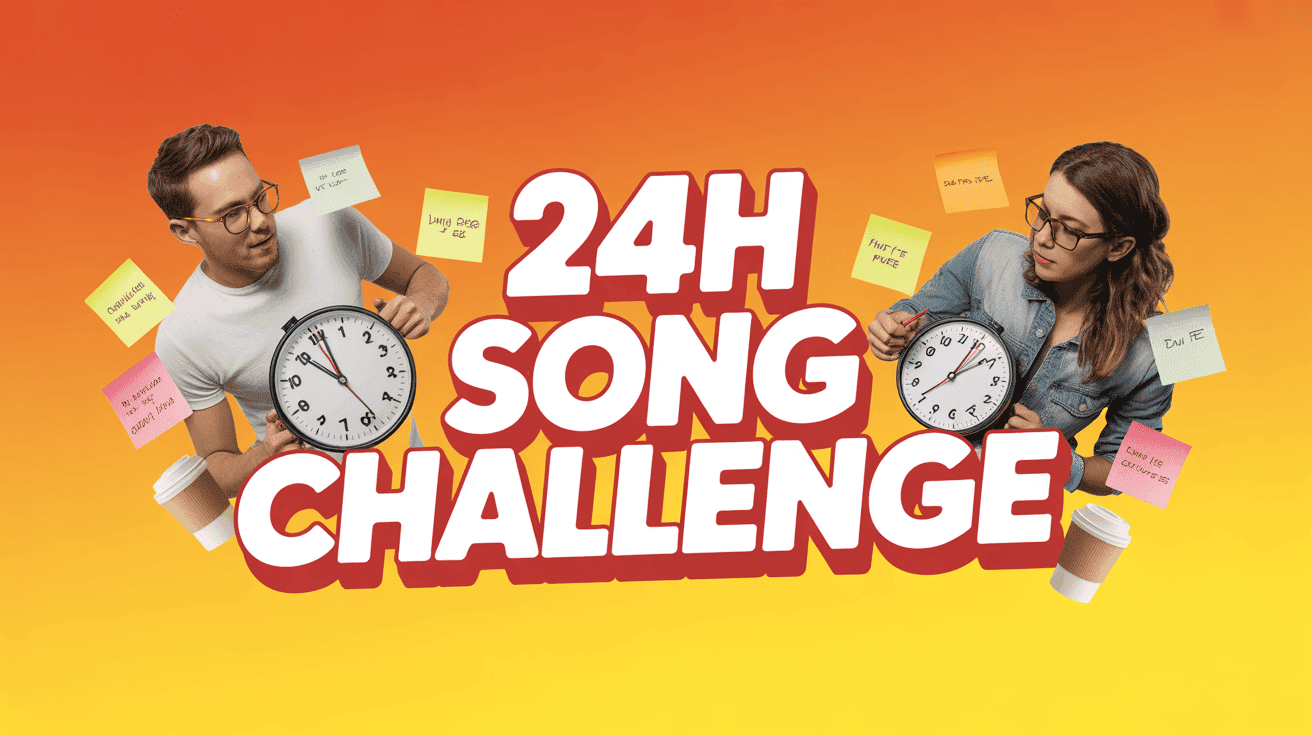24-Hour Songwriter Challenge Thumbnail, featuring two songwriters racing a countdown clock with scattered lyric post-its and coffee cups
