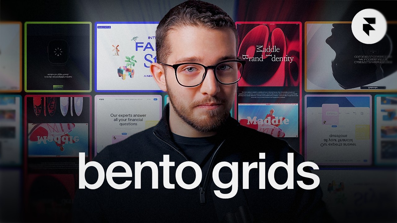 Person in front of colorful bento grid UI design showcase