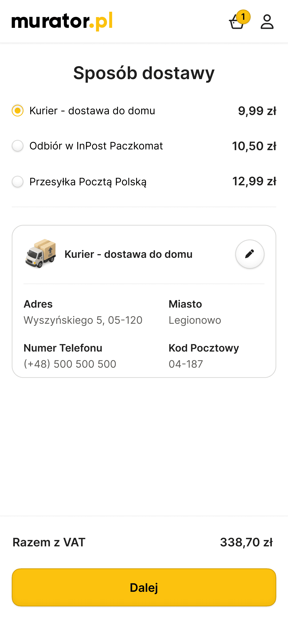 Alt Text (English) "A side-by-side UI design showcase of the Murator delivery selection screen for both desktop and mobile platforms. The interface features a clean white layout with a 12-column grid, displaying delivery options like 'Courier' and 'InPost', a detailed address card with edit icons, and a prominent yellow 'Next' (Dalej) call-to-action button. The design includes a dark footer with customer service information and brand logos.