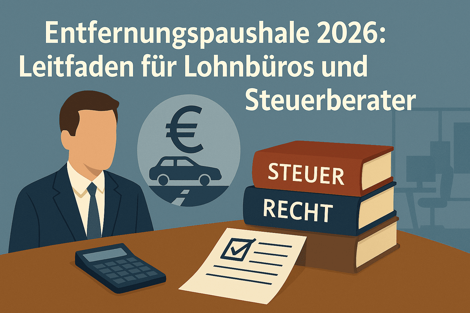 Illustration eines Steuerberaters im Büro mit Gesetzbüchern, Taschenrechner und Formular. Im Hintergrund ein Symbol mit Auto und Euro-Zeichen. Text im Bild: „Entfernungspauschale 2026: Leitfaden für Lohnbüros und Steuerberater“. Seriöser Flat-Design-Stil für steuerliche Fachartikel.