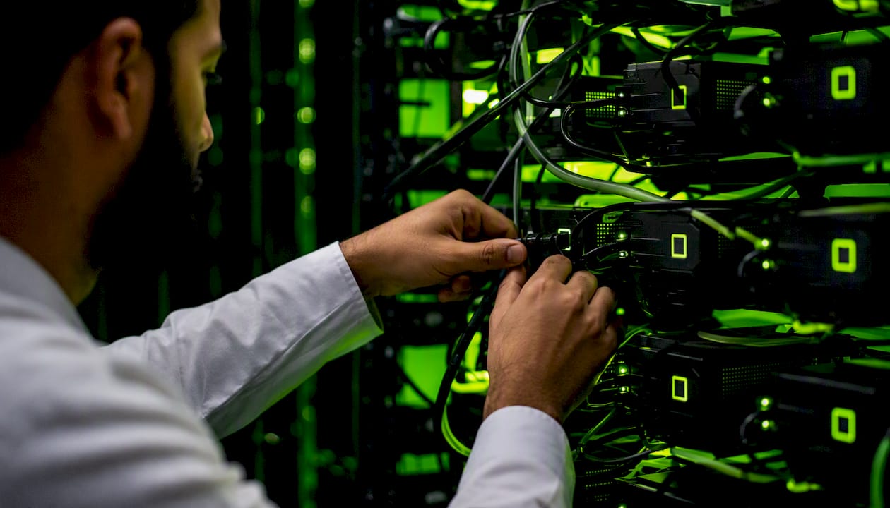 Blockchain node hardware with cables in UAE innovation lab
