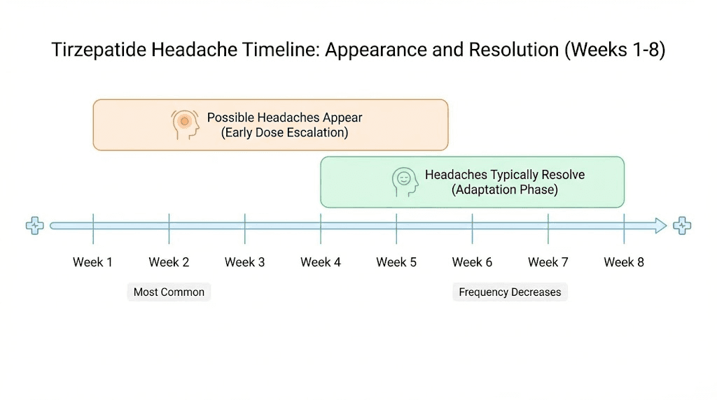 Timeline showing when tirzepatide headaches start peak and resolve