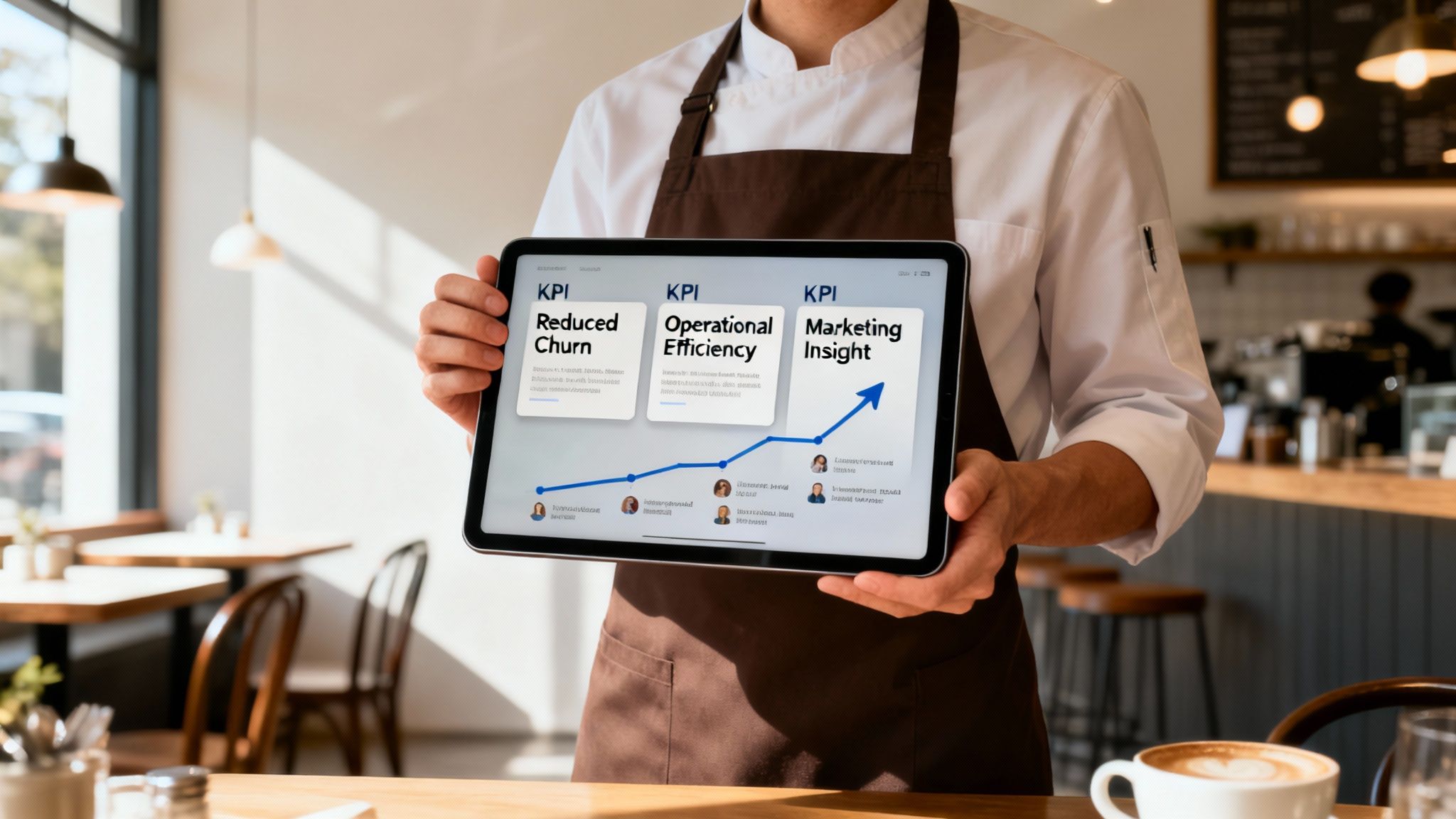 Chef holds a tablet showing a dashboard with Reduced Churn, Operational Efficiency, and Marketing Insight KPIs.