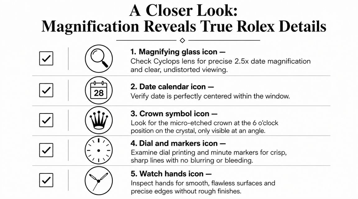 An infographic showing five essential steps to verify the authenticity of a luxury Rolex watch.