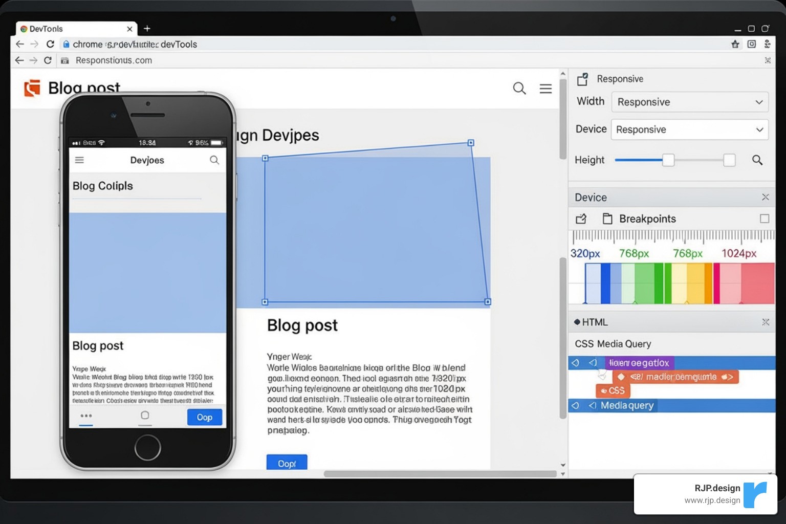 Screenshot of Chrome DevTools in responsive mode, showing a website adapting to different viewport sizes with the media queries highlighted - application responsive design