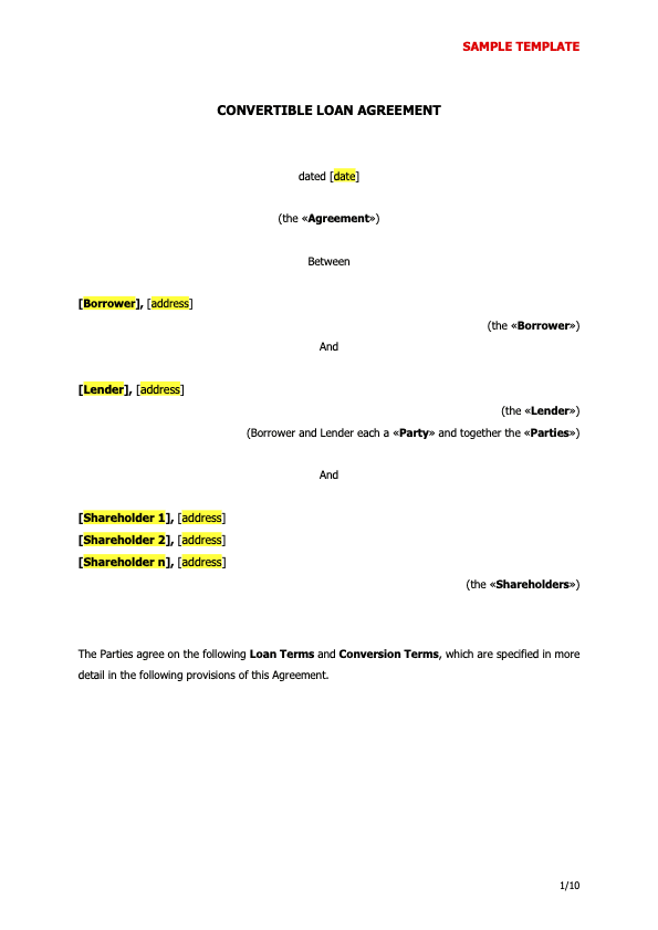 Wandeldarlehen (Convertible Loan) - erste Seite