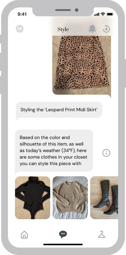 Mockup of the chatbot showing different items to style the skirt with