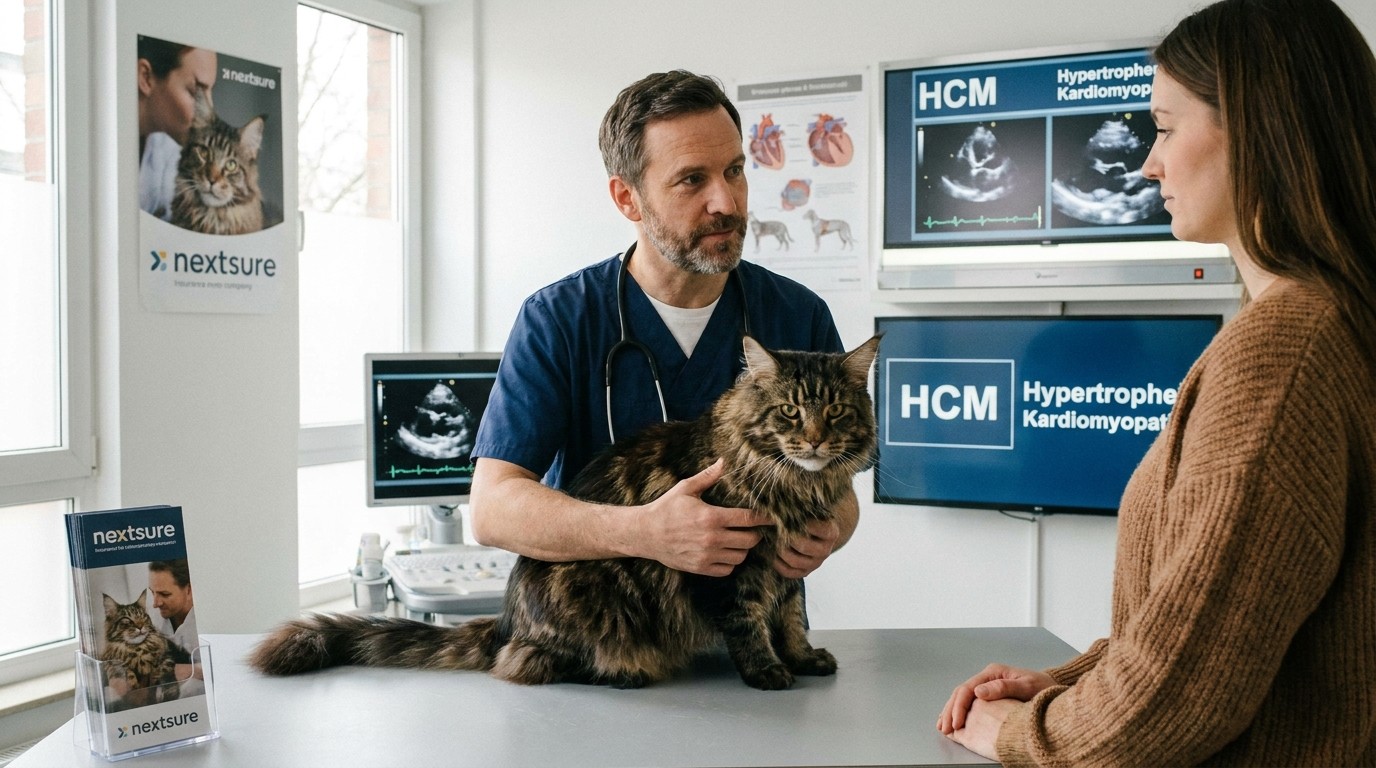 Maine Coon Katze beim Tierarzt mit Stethoskop am Brustkorb