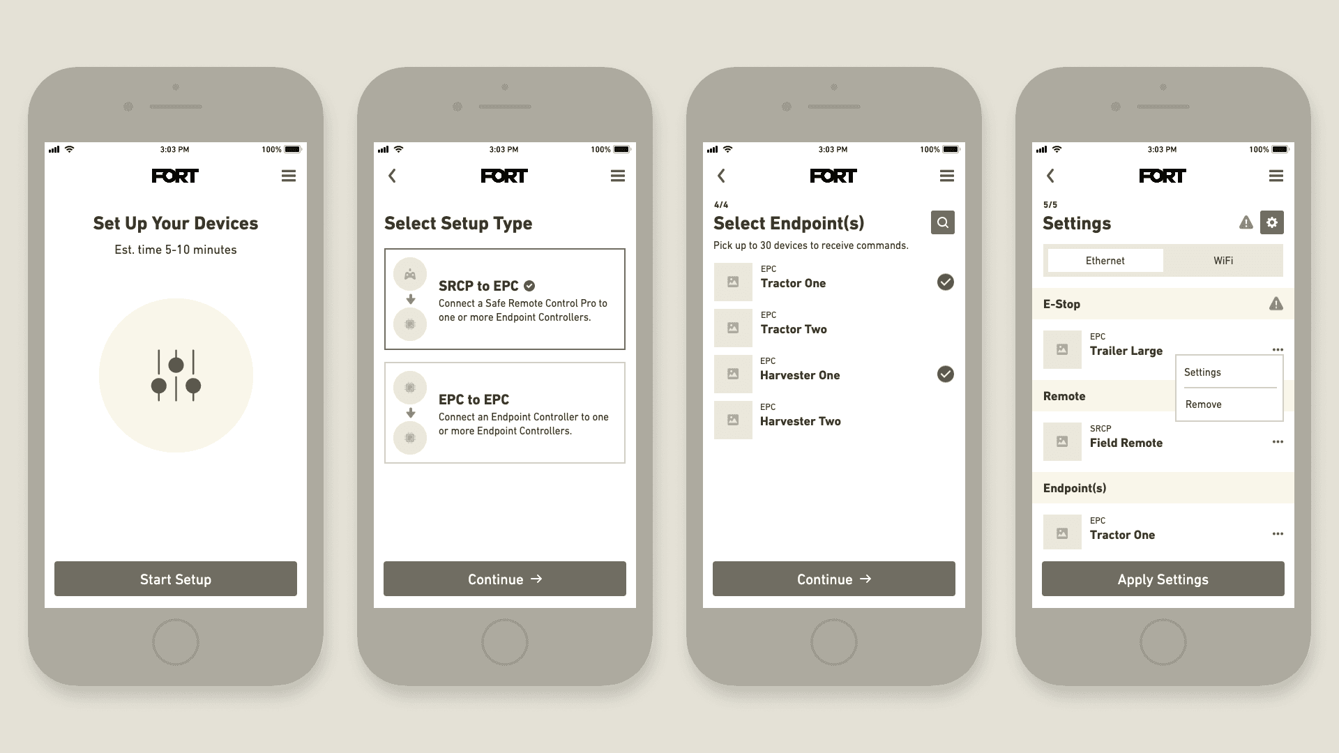 mobile wireframes of early fort manager configuration user interface concepts