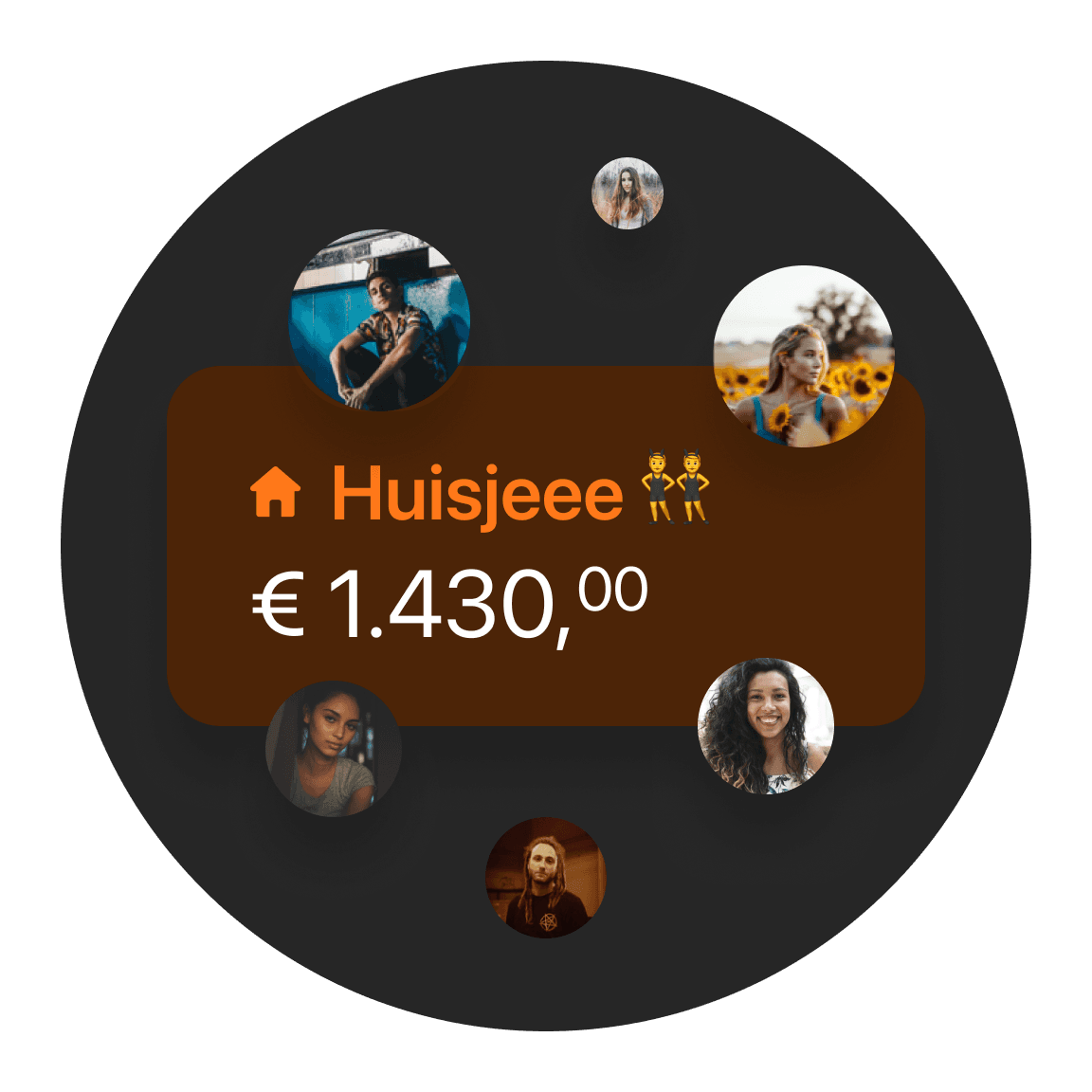 Circular graphic displaying "Roomies" and a price of €1430, surrounded by small images of people.