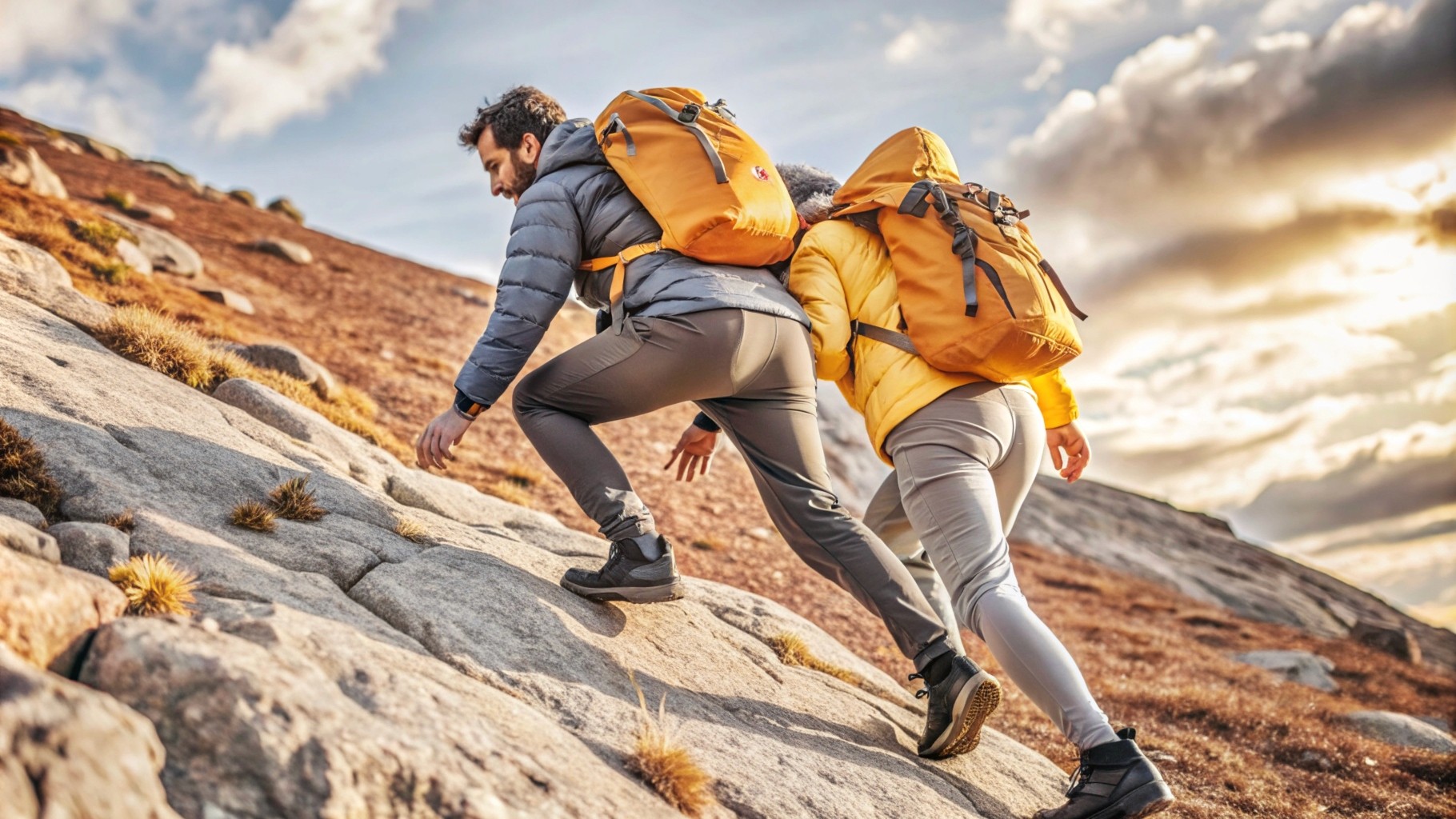 two people climbing the steep hill