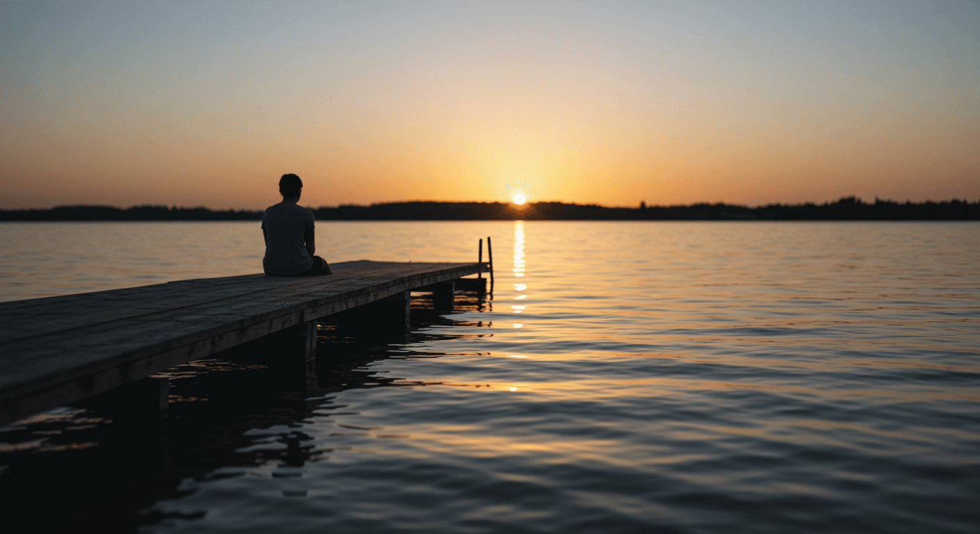 A quiet lakeside at sunset with a person sitting on a simple wooden dock, blurred in the background, illuminated by soft warm natural light and earthy tones, featuring calm water and a clear sky, representing Anxiety Ease therapy.